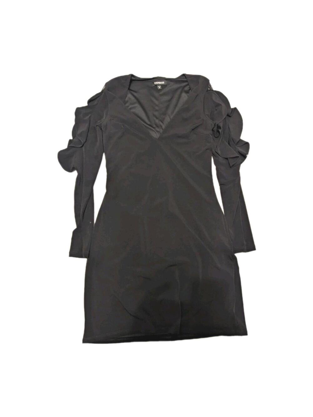 Express Dress Women's XS Black Long Sleeve Mid Length Sheer Shoulder Ruffle